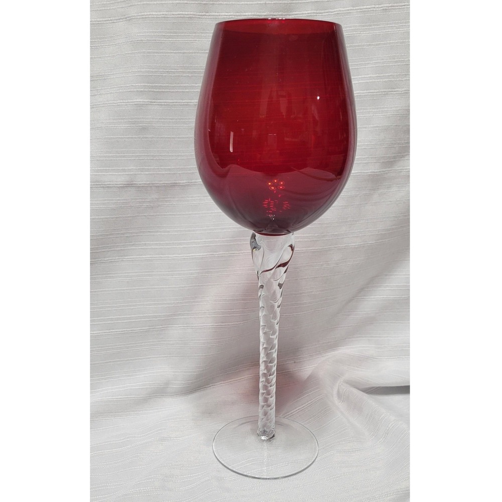 Ruby Red Wine Large Goblet with Clear Twisted Spiral Glass Stem 12 Inch